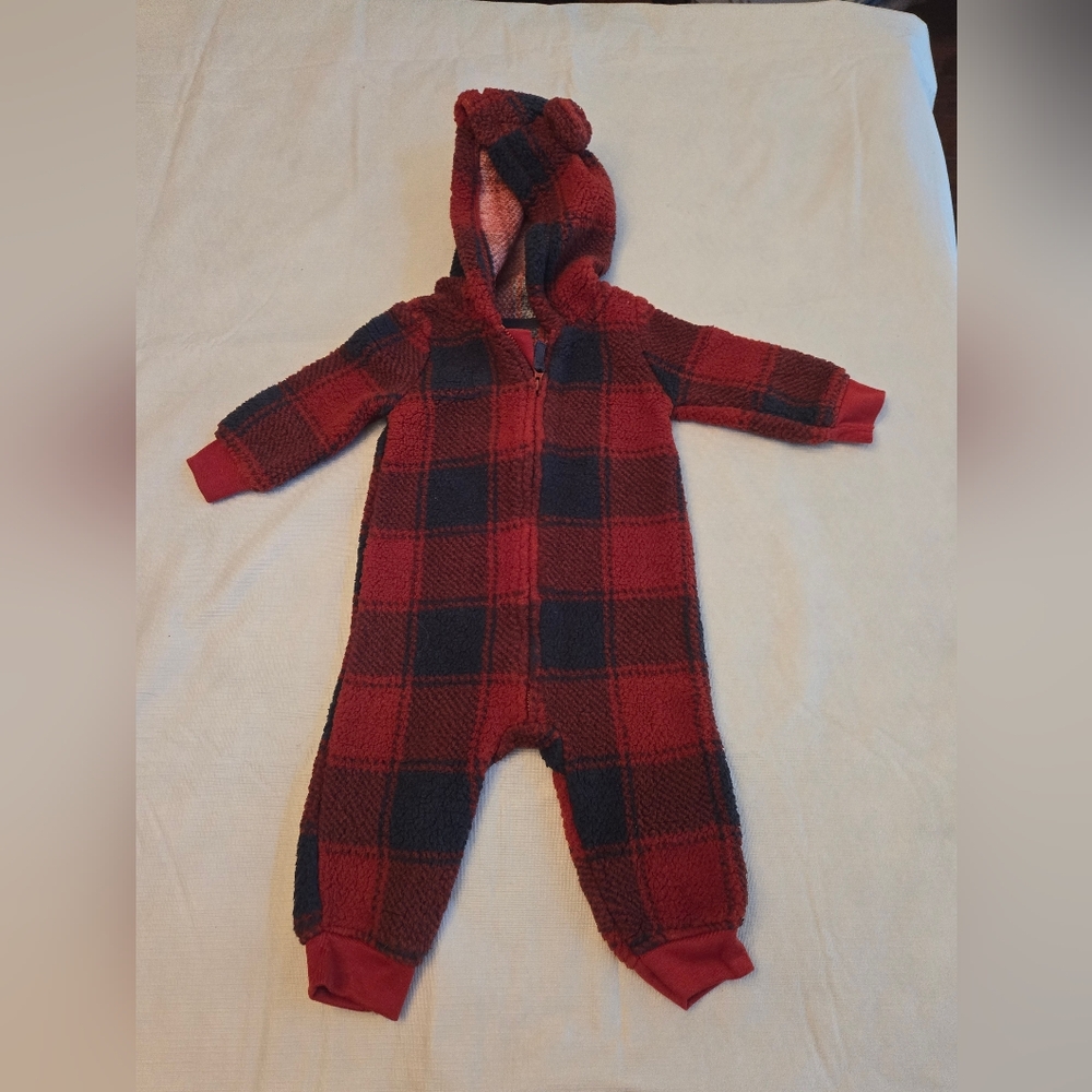 Carter's fleece romper.  Red and dark gray check. 9 months